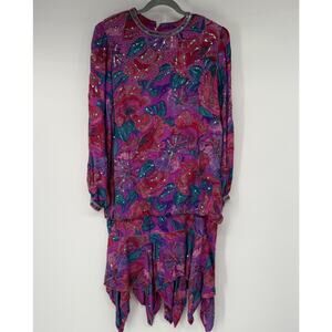 VTG Judith Ann Creations Inc Silk Dress Womens M Pink Floral Sequin Beaded 80s